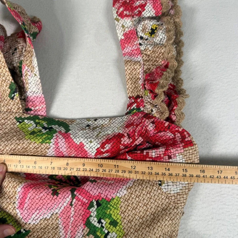 Farm Rio Floral Romper Womens Size S Beige Pink Linen Blend Boho Tropical Summer